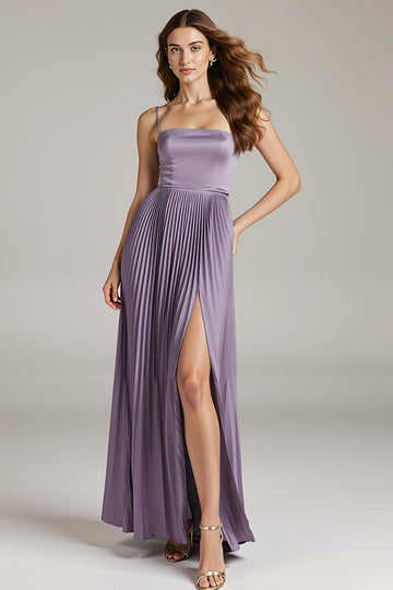 Light Purple Pleated Satin A Line Long Evening Dress